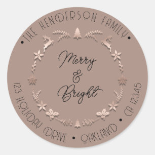 Merry Bright Family Address Wreath Deer Rose  Classic Round Sticker