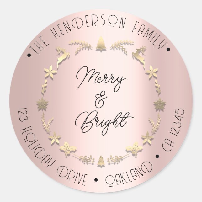 Merry Bright Family Address Wreath Gold Rose Classic Round Sticker (Front)