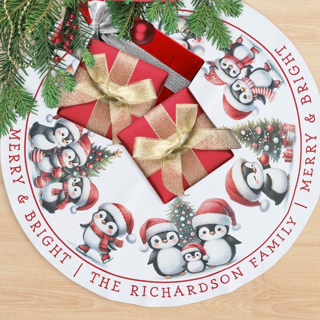 Merry Bright Family Christmas Penguins White Brushed Polyester Tree Skirt (Creator Uploaded)