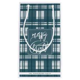 Merry & Bright   Family Name   Plaid Mint Green  Small Gift Bag