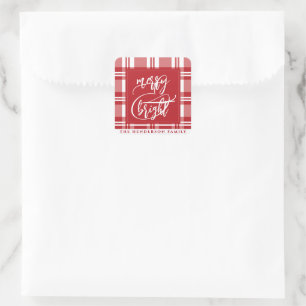 Merry & Bright Family Name Red Plaid Square Sticker