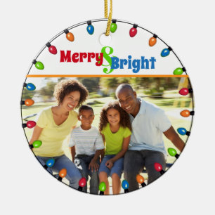 Merry & Bright Family Photo Christmas Lights  Ceramic Ornament