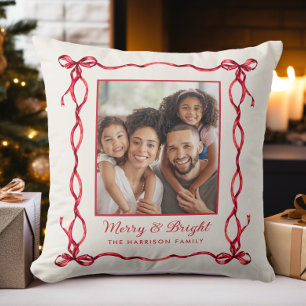 Merry & Bright Family Photo Christmas Throw Pillow
