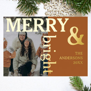 Merry & Bright Family Photo Elegant Gingerbread Foil Holiday Card