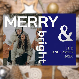 Merry & Bright Family Photo Elegant Midnight Blue Foil Holiday Card