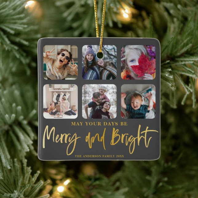 Merry & Bright Faux Gold 6 Photo Christmas Ceramic Ornament (Tree)