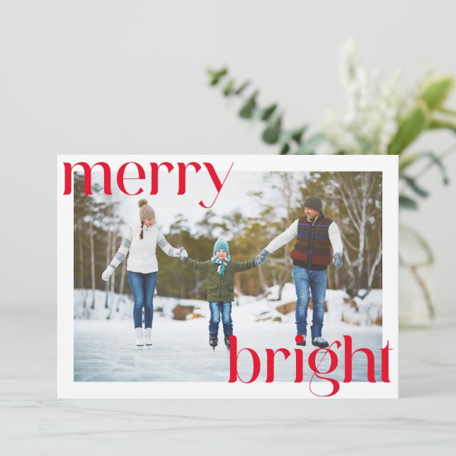 Merry Bright Festive Red Typography Fun Two Photo Holiday Card (Standing Front)