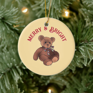 Merry & Bright Festive Teddy Bear Cute Christmas Ceramic Ornament