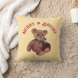 Merry & Bright Festive Teddy Bear Cute Christmas Throw Pillow
