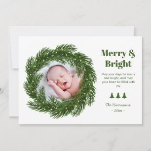 Merry & Bright Fir Tree Circle Photo Christmas Holiday Card