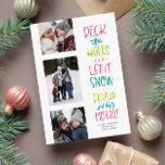 Merry bright fun colourful three photo Christmas Holiday Card<br><div class="desc">This three-photo bright and colourful Christmas card is the perfect way to send holiday cheer. The fun rhyme with Christmas carol quotes pairs perfectly with a set of photos. This Christmas photo card also includes room for a custom message and personalization. The backer is a festive coordinating hot pink with...</div>