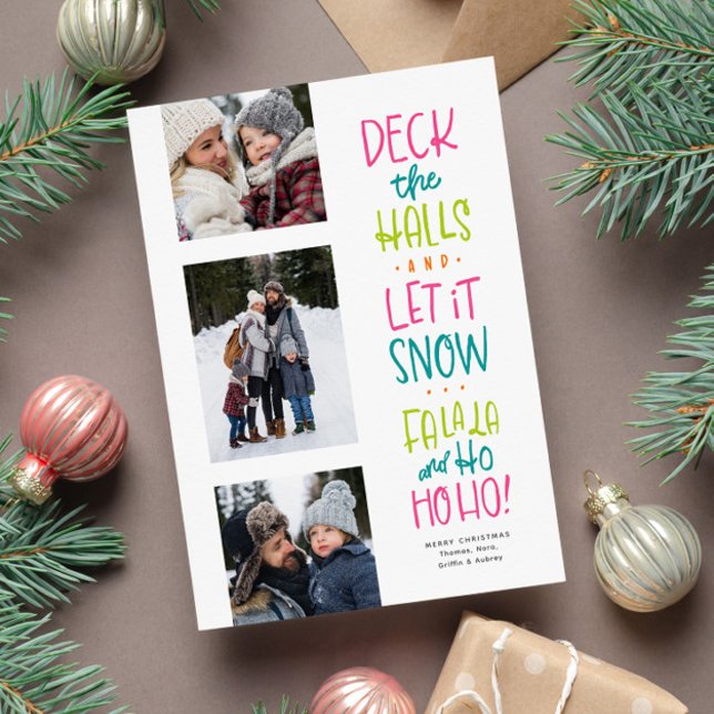 Merry bright fun colourful three photo Christmas Holiday Card (Creator Uploaded)