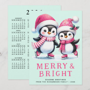 Merry & Bright Fun Penguin Pink Mint Christmas Holiday Card