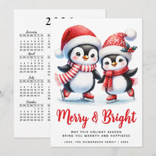 Merry Bright Fun Penguins White Red Christmas Holiday Card