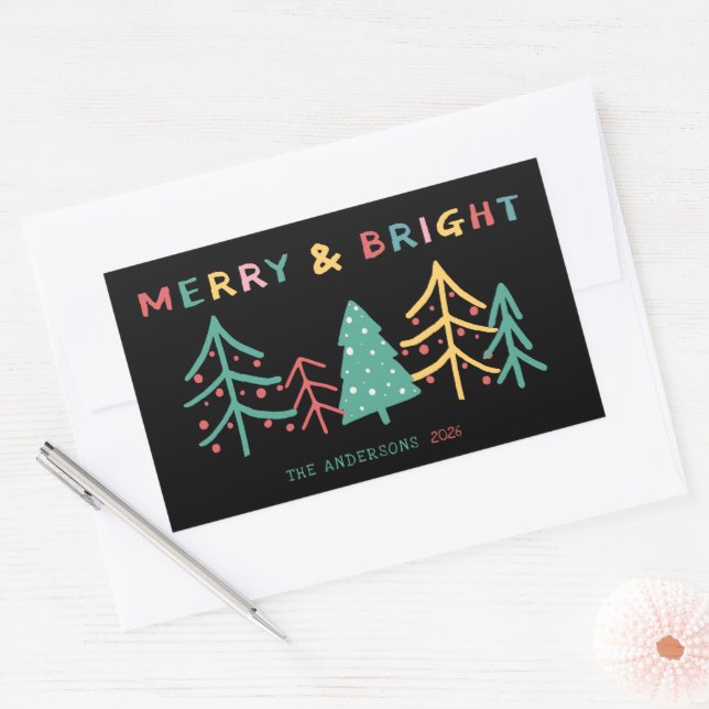 Merry & Bright Fun Pine Stylish Christmas Black Sticker (Envelope)