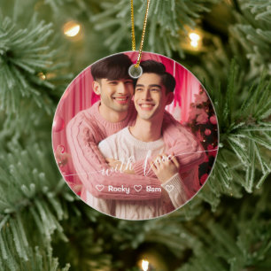 Merry & Bright Gay Retro Pink Custom Photo Ceramic Ornament