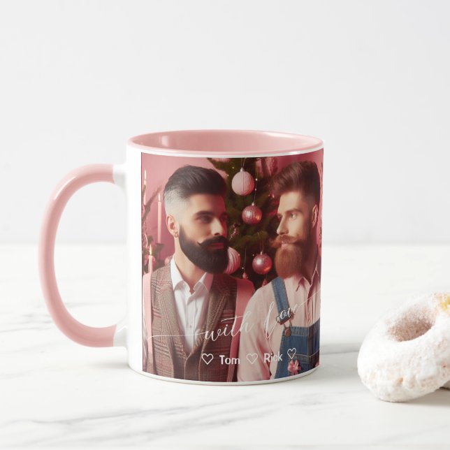Merry & Bright Gay Retro Pink | Custom Photo  Mug (With Donut)