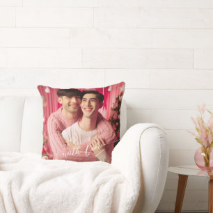 Merry & Bright Gay Retro Pink   Custom Photo  Throw Pillow
