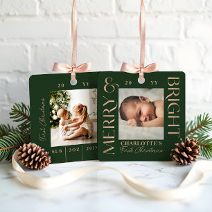 Merry & Bright Green Baby First Christmas Photos Metal Ornament