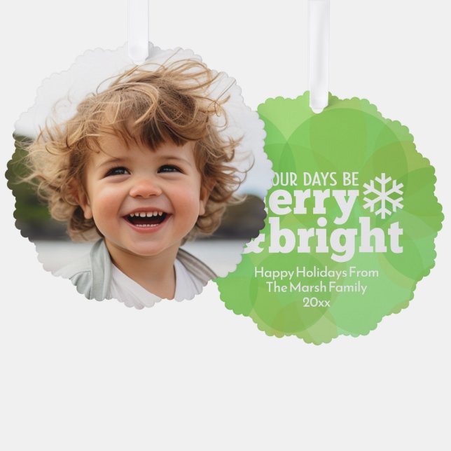 Merry & Bright Green Bokeh Wash - Christmas Photo Ornament Card (Front/Back)