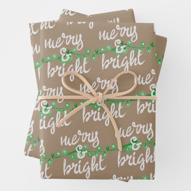 Merry & Bright Green Christmas Tree Lights Kraft Wrapping Paper Sheet (In situ)