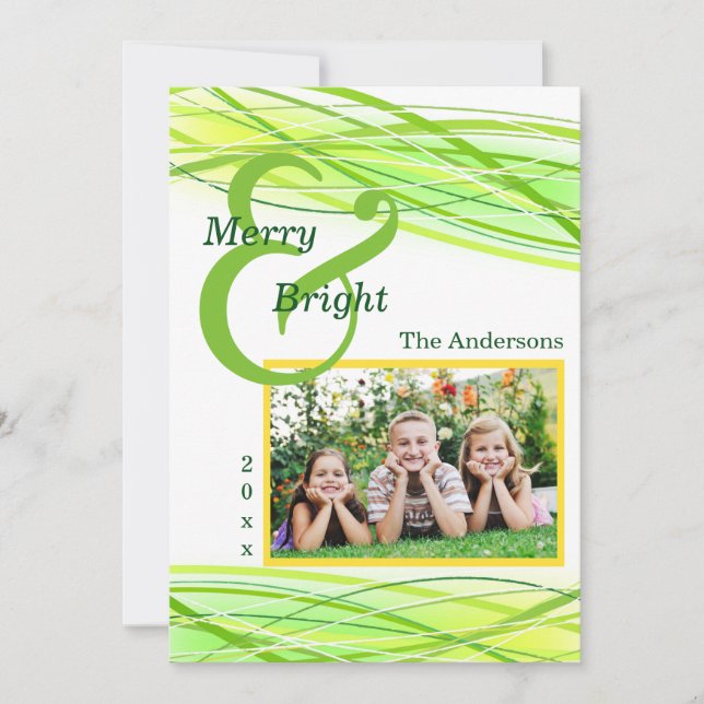 Merry & Bright Green Lines - Christmas Card (Front)