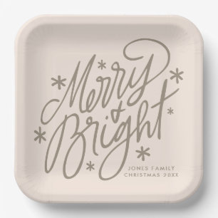 Merry & Bright hand-lettered script & stars design Paper Plate