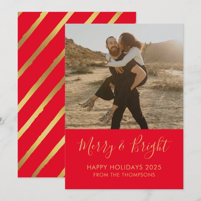 Merry & Bright Holiday Christmas red Photo card (Front/Back)