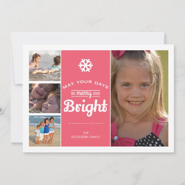 Merry Bright Holiday Photo Christmas Collage Pink Card (Front)
