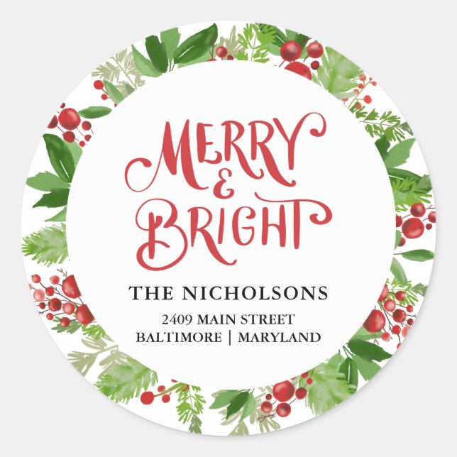 Merry & Bright Holiday Wreath Script Classic Round Sticker (Front)