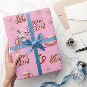 Merry & Bright & hot cocoa pink Christmas holiday Wrapping Paper