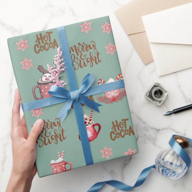 Merry & Bright & hot cocoa sage green Christmas Wrapping Paper (Gifting)