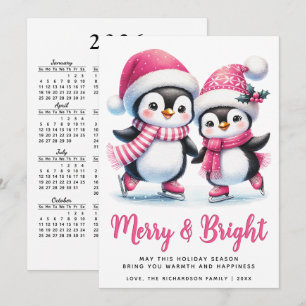Merry Bright Ice Skating Penguins Pink Christmas Holiday Card