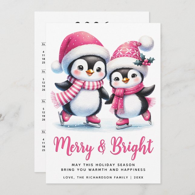 Merry Bright Ice Skating Penguins Pink Christmas Holiday Card (Front/Back)