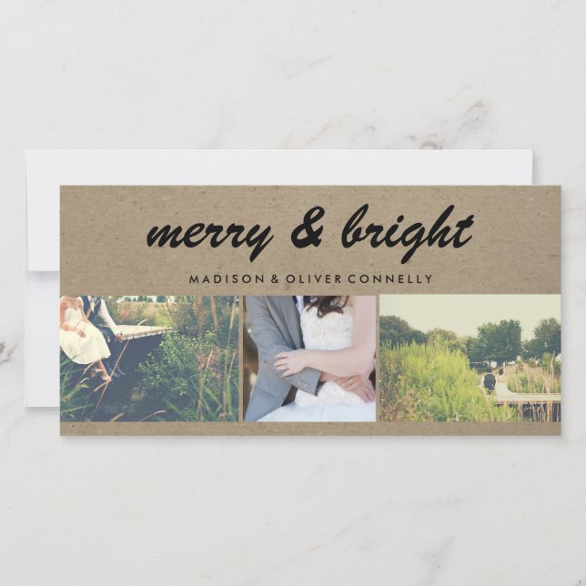 Merry & Bright Kraft Paper Three Photo Collage Holiday Card (Front)