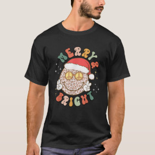 Merry Bright Leopard Pattern Smile Face Santa Hat T-Shirt