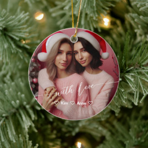 Merry & Bright Lesbian Retro Pink   Custom Photo  Ceramic Ornament