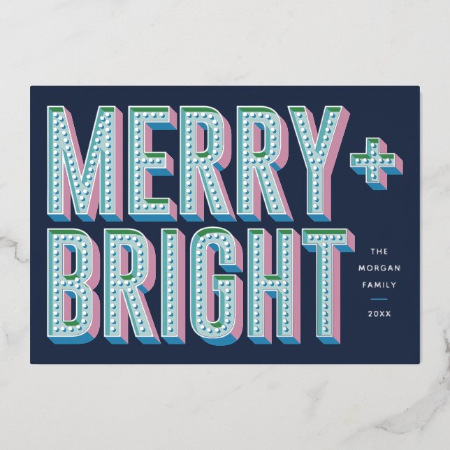 Merry + Bright Marquee Foil Holiday Card - Blue (Front)