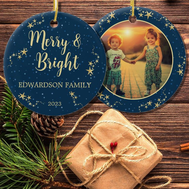 Merry & Bright Merry Christmas family photo Ceramic Ornament (Merry & Bright Merry Christmas family photo Ceramic Ornament. Very personal and unique ornament,)