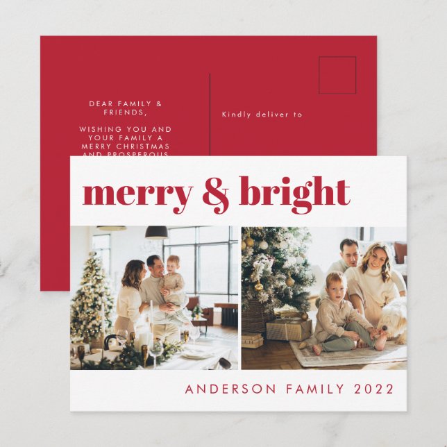 Merry & Bright Minimalist Christmas Greeting | Red Postcard (Front/Back)