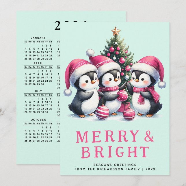 Merry & Bright Mint and Pink Christmas Penguin Holiday Card (Front/Back)