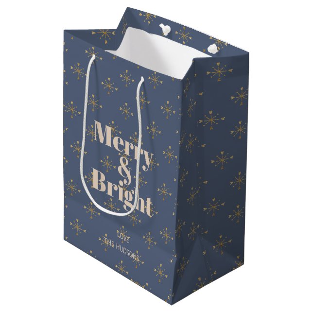 Merry & Bright Modern Blue Gold Trendy Medium Gift Bag (Front Angled)