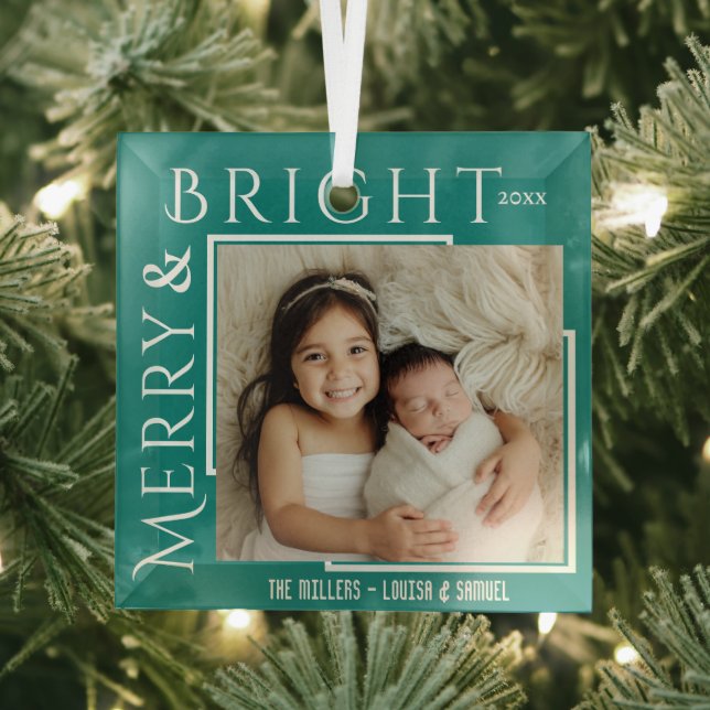 Merry & Bright modern bold typo 1 photo Christmas Glass Ornament (Insitu)