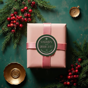 Merry & Bright Modern Green & Pink Retro Wavy Classic Round Sticker