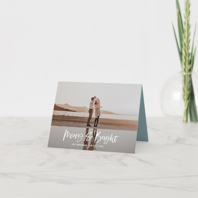 Merry & Bright modern, minimal photo christmas Holiday Card (Front)