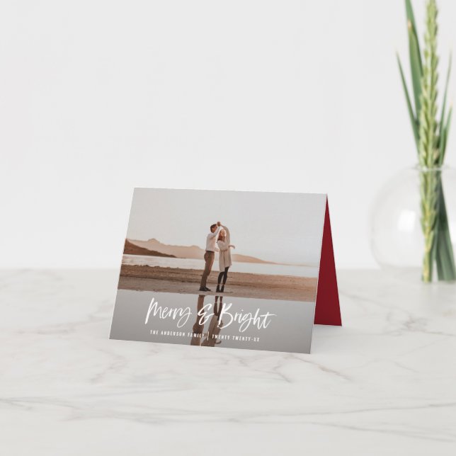 Merry & Bright modern, minimal photo red christmas Holiday Card (Front)