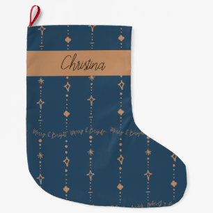 Merry & Bright Modern Navy Blue & Gold Abstract Large Christmas Stocking