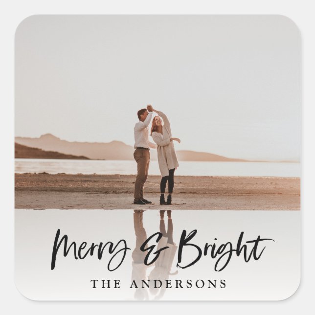 Merry & Bright modern photo christmas Square Sticker (Front)