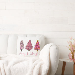 Merry & Bright Modern Pink Christmas Tree Boho Throw Pillow