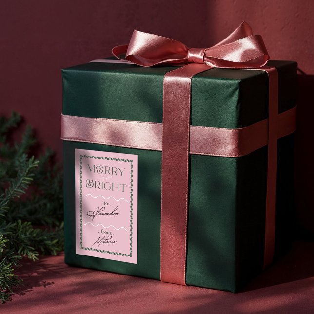 Merry & Bright Modern Pink Retro Wavy To & From Sticker (Merry & Bright Modern Pink Retro Wavy To & From Rectangular Sticker)